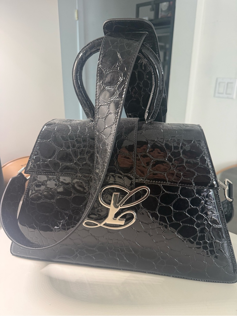 Black Croc-Embossed Patent Satchel with Signature Metal Logo